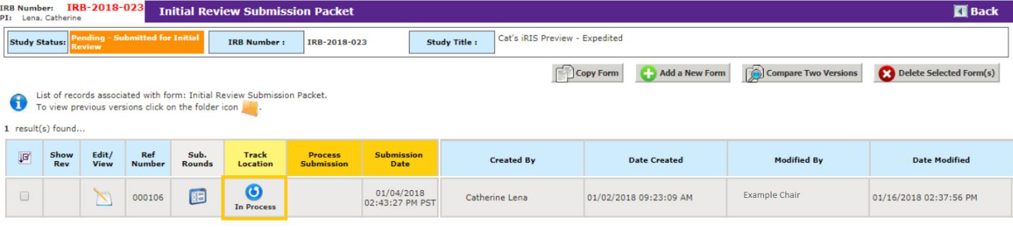 Once on the Initial Review Submission Packet page, select In Process under Track Location.