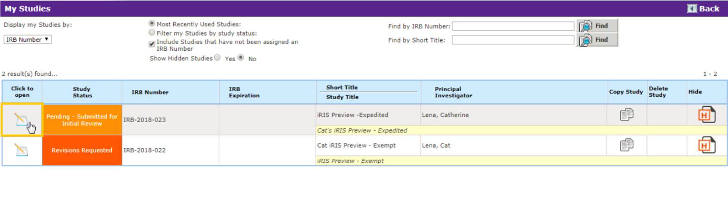 Select Click to Open next to the study you would like to review.