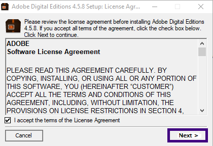 You must check the box I agree to the terms in the License Agreement in order to continue. Once the box is checked, click Next.