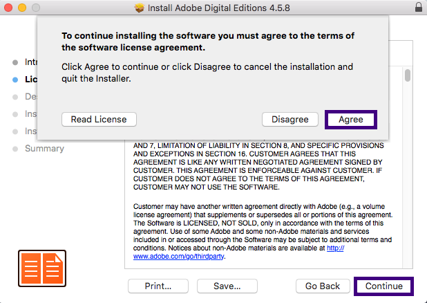 On the Licensing dialog-box select Continue and you will see a notification asking you to agree to the conditions presented. Select Agree to continue.