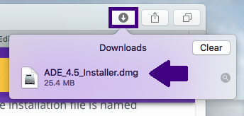 The installation file is named ADE_4.5_Installer.dmg. Locate the installation file and double-click.