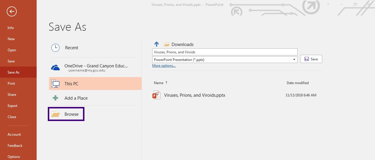 Click on Browse to select a location on your computer to save your assignment