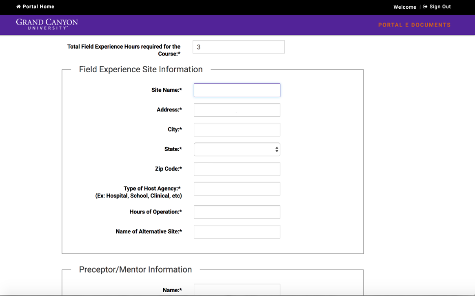 The form will ask you to enter information about your prospective practicum site and mentor.