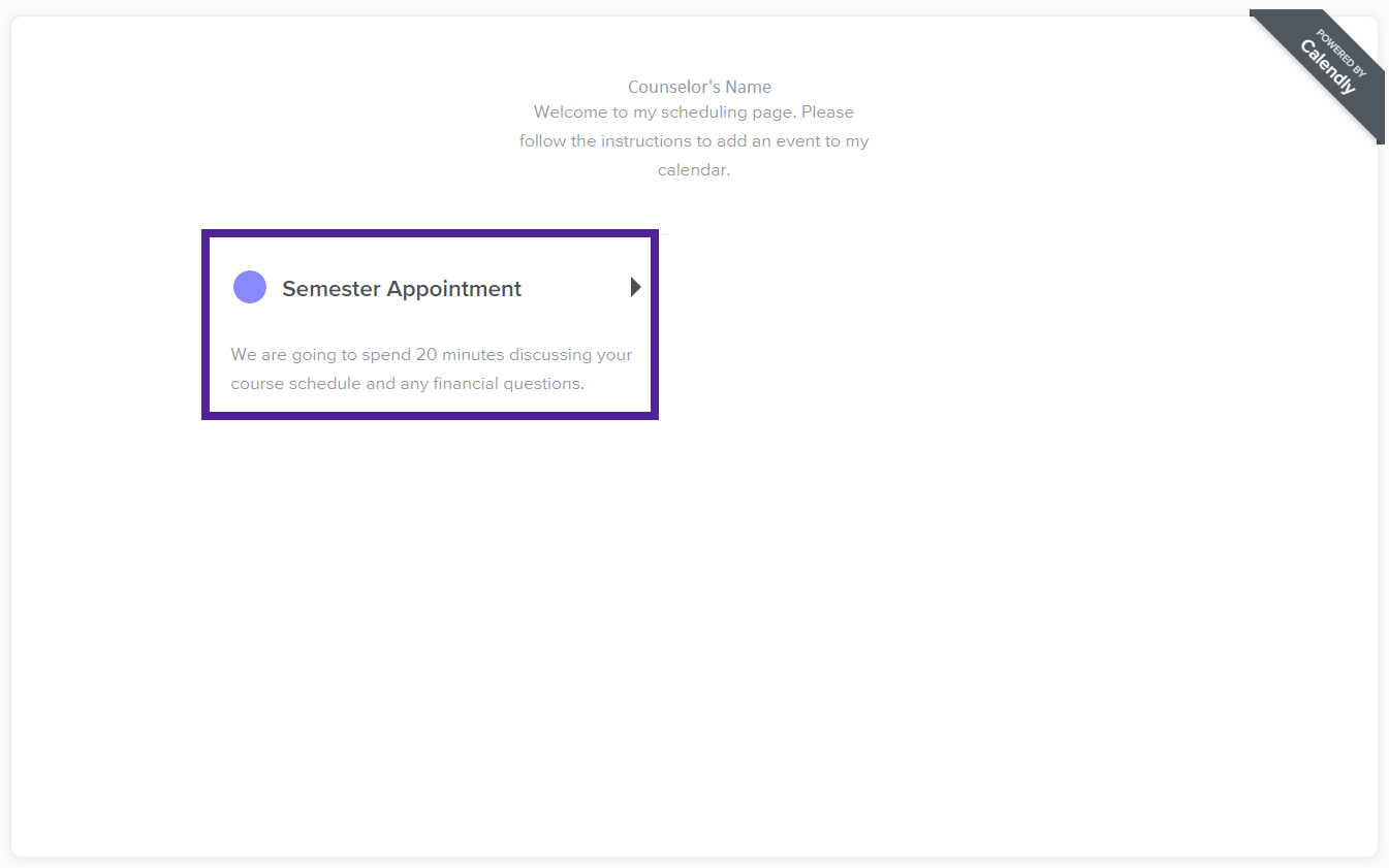 On the Calendly page, select Semester Appointment