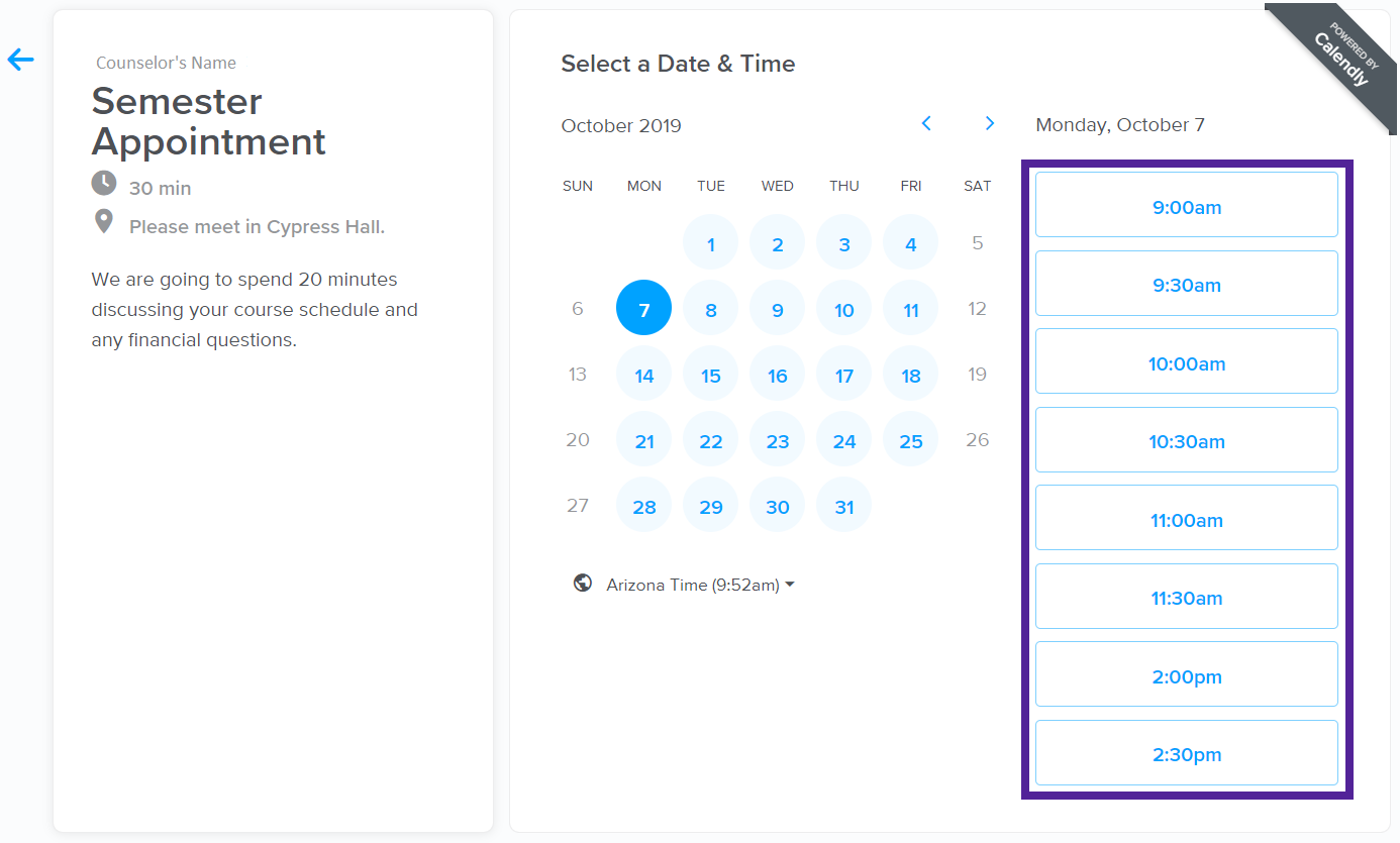 Select the time slot you would like to book