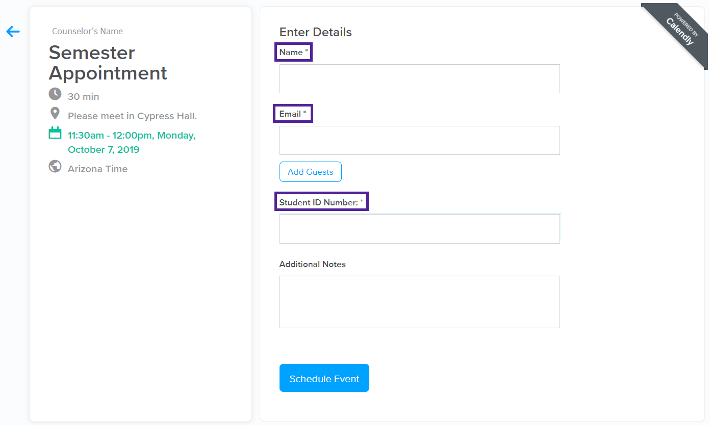 On the Enter Details page, you will be required to fill in your Name, Email, and Student ID Number