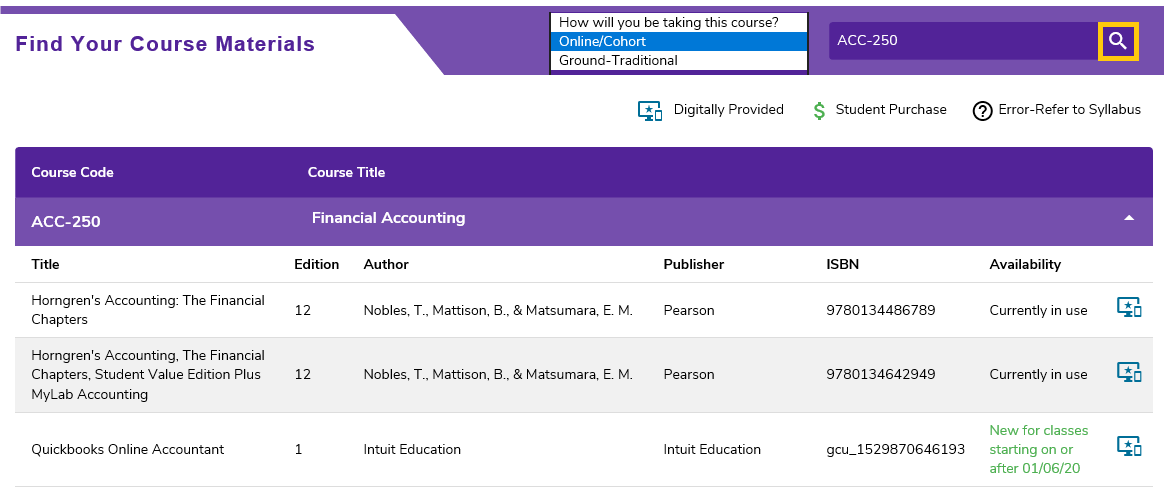Enter the course prefix and number, then click on the Search icon. The course number can be found within your Student Portal under the Current Courses section on the homepage.