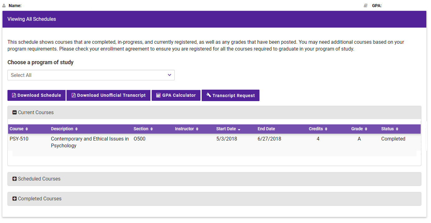 To download a full list of all of your courses and grades, click on the Download Schedule option at the top of the screen.