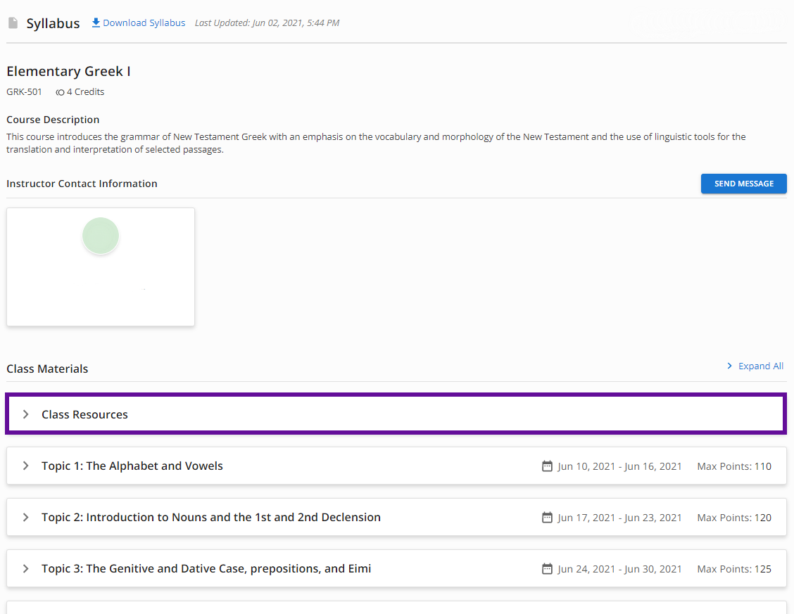 Open the Class Resources panel