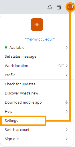 click on the colored square with your initials and select Settings.