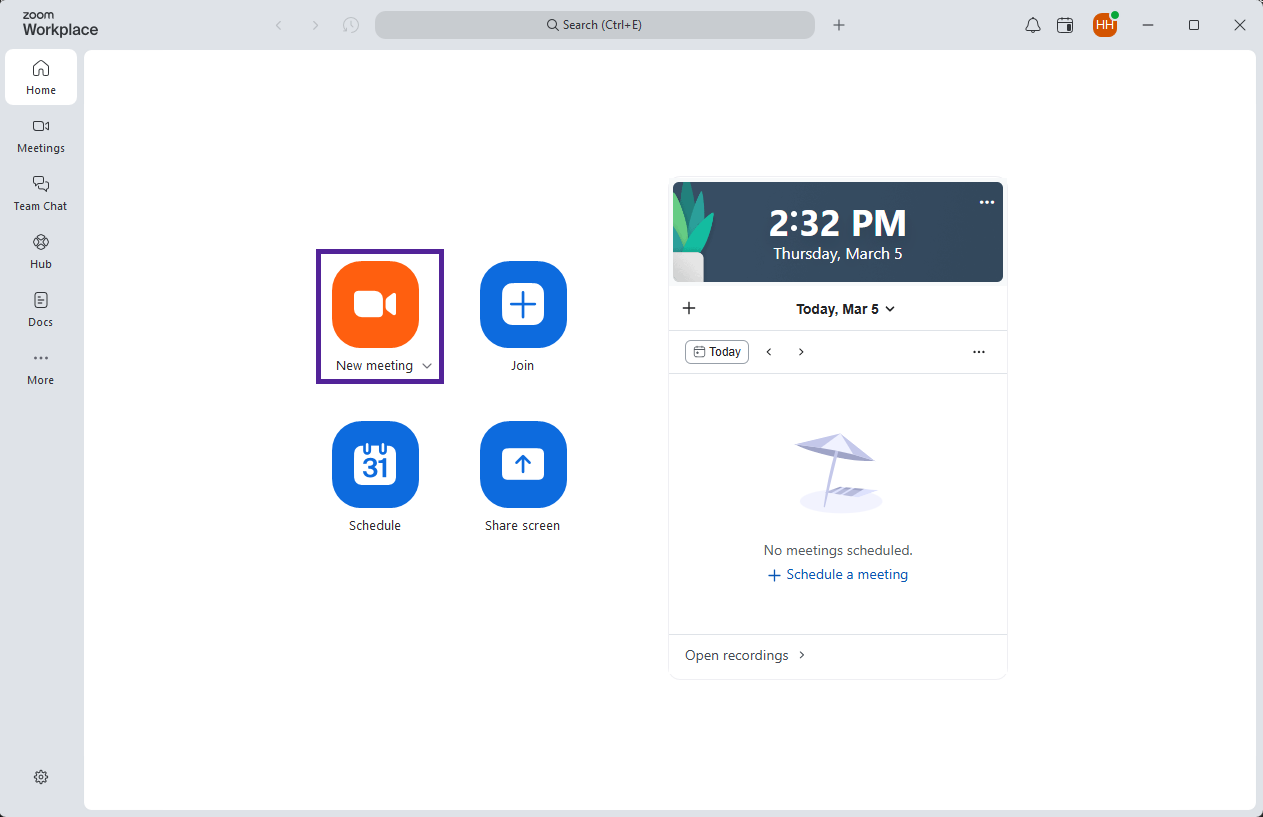 To set up a meeting, start by opening the Zoom software and select New Meeting.