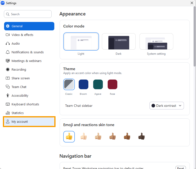 On the left-hand side, choose My account.