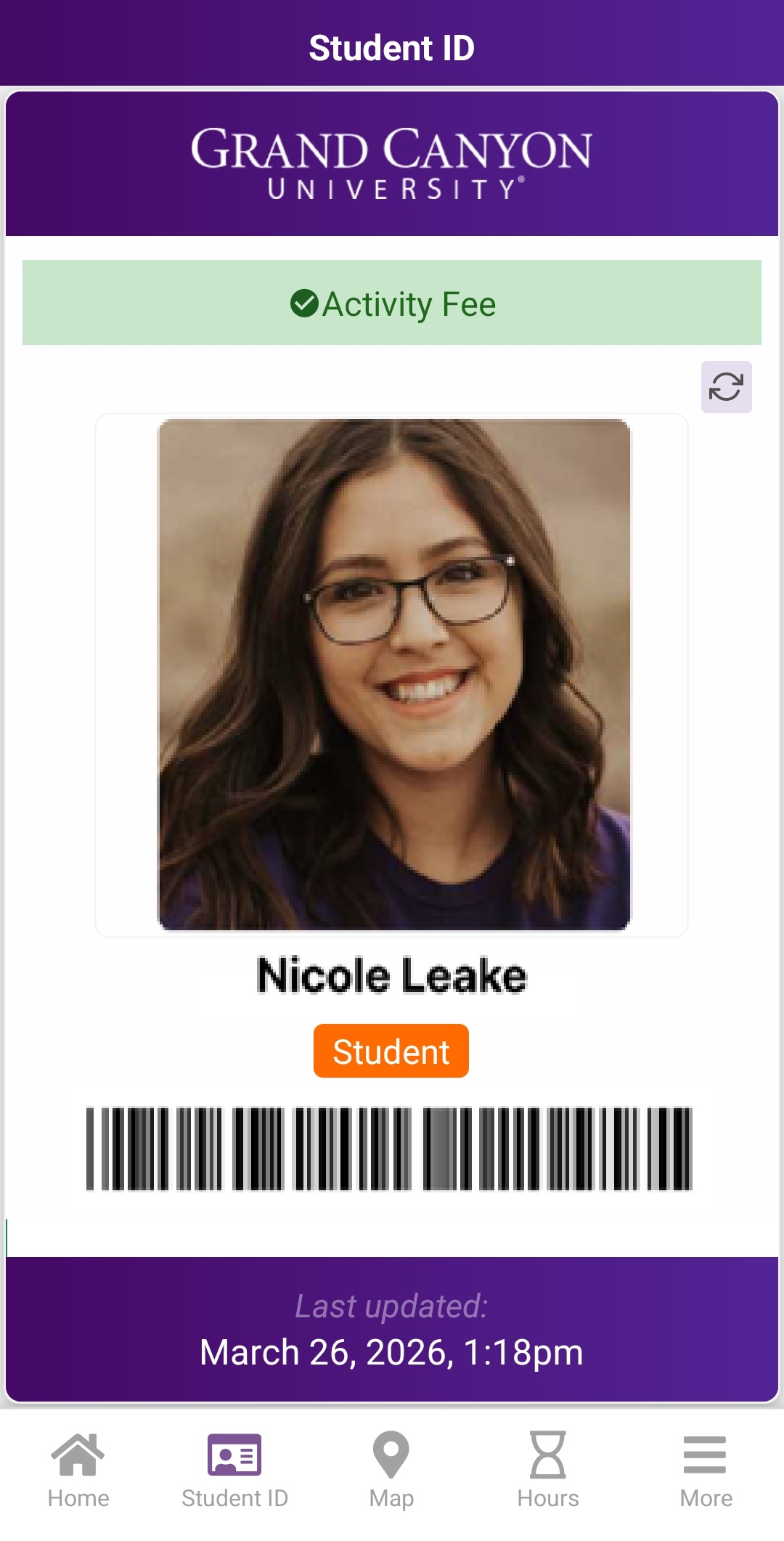 The Student ID tab will display a digital version of your Student ID card. The ID card has a scannable barcode to use at the NerdHerd or when making purchases with Dining Dollars.