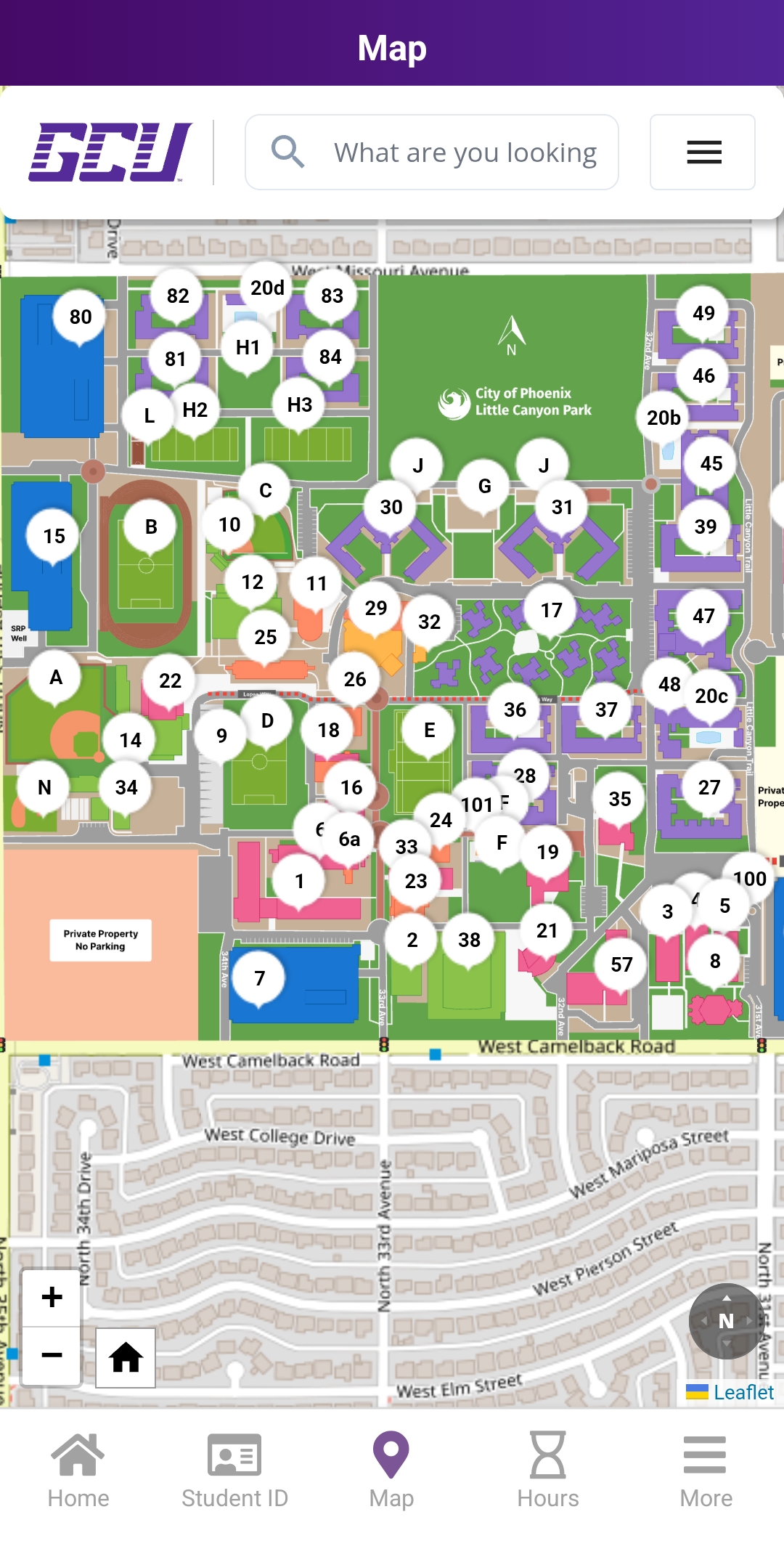 The Map tab will display a numbered map of the GCU campus.
