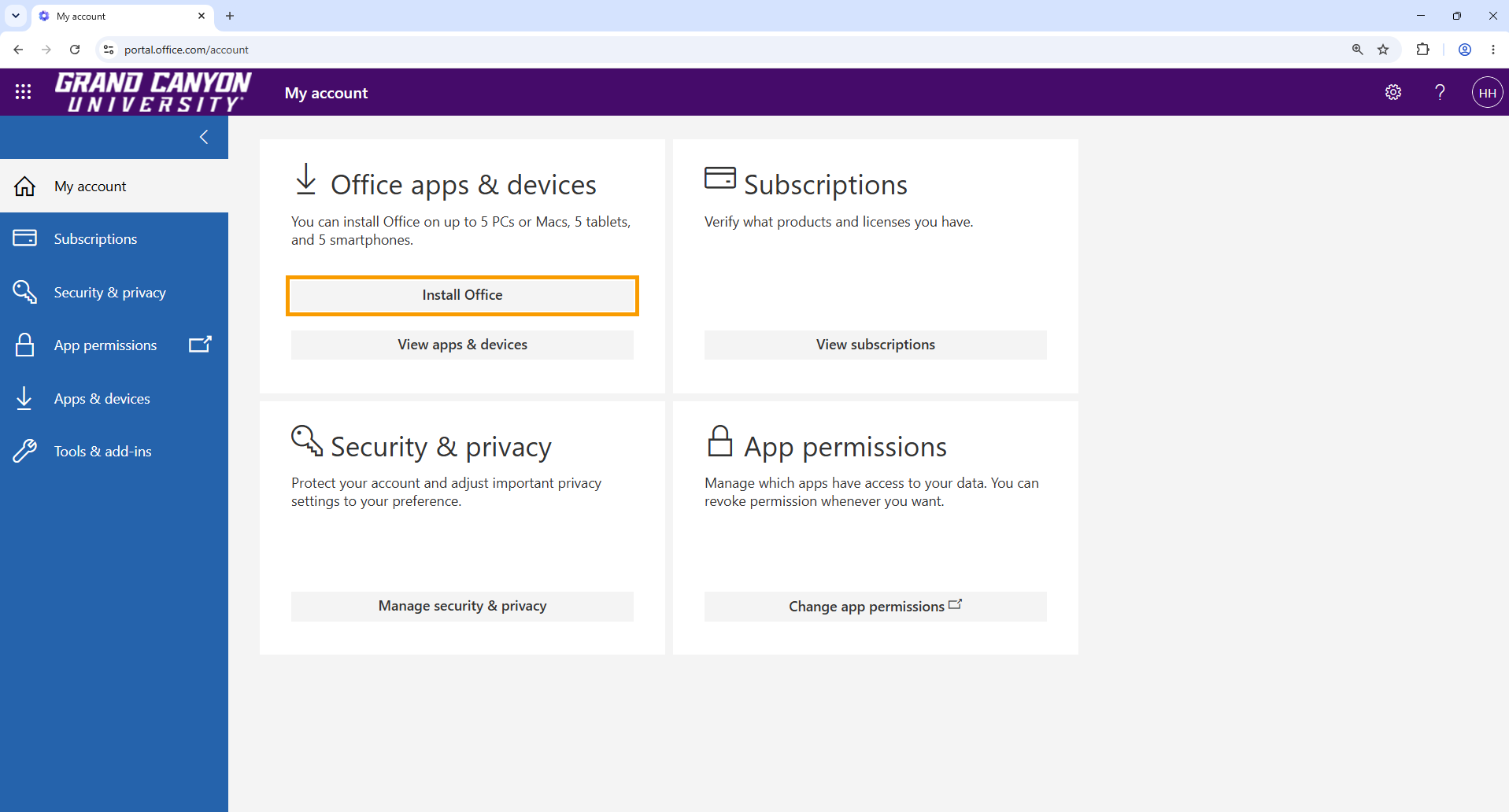 Under the Office apps & devices section, click the Install Office button.