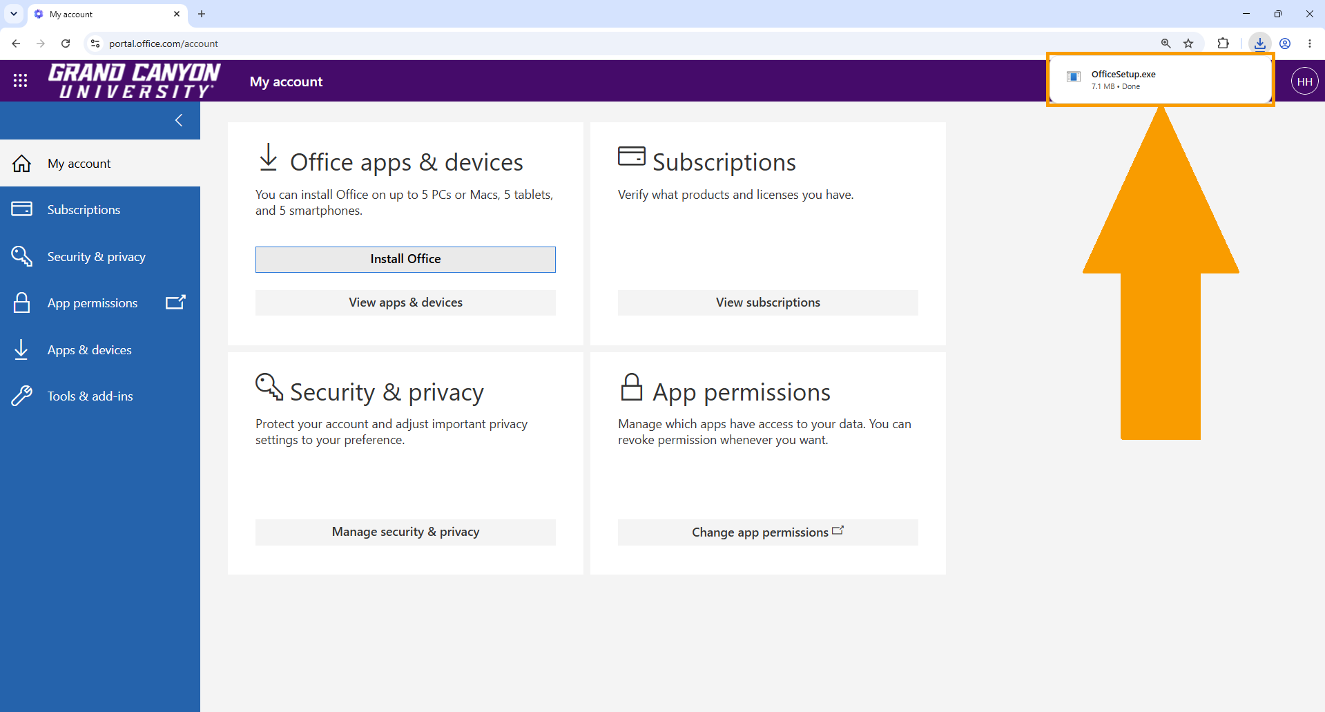 Click OfficeSetup.exe located in the top right corner of your web browser.
