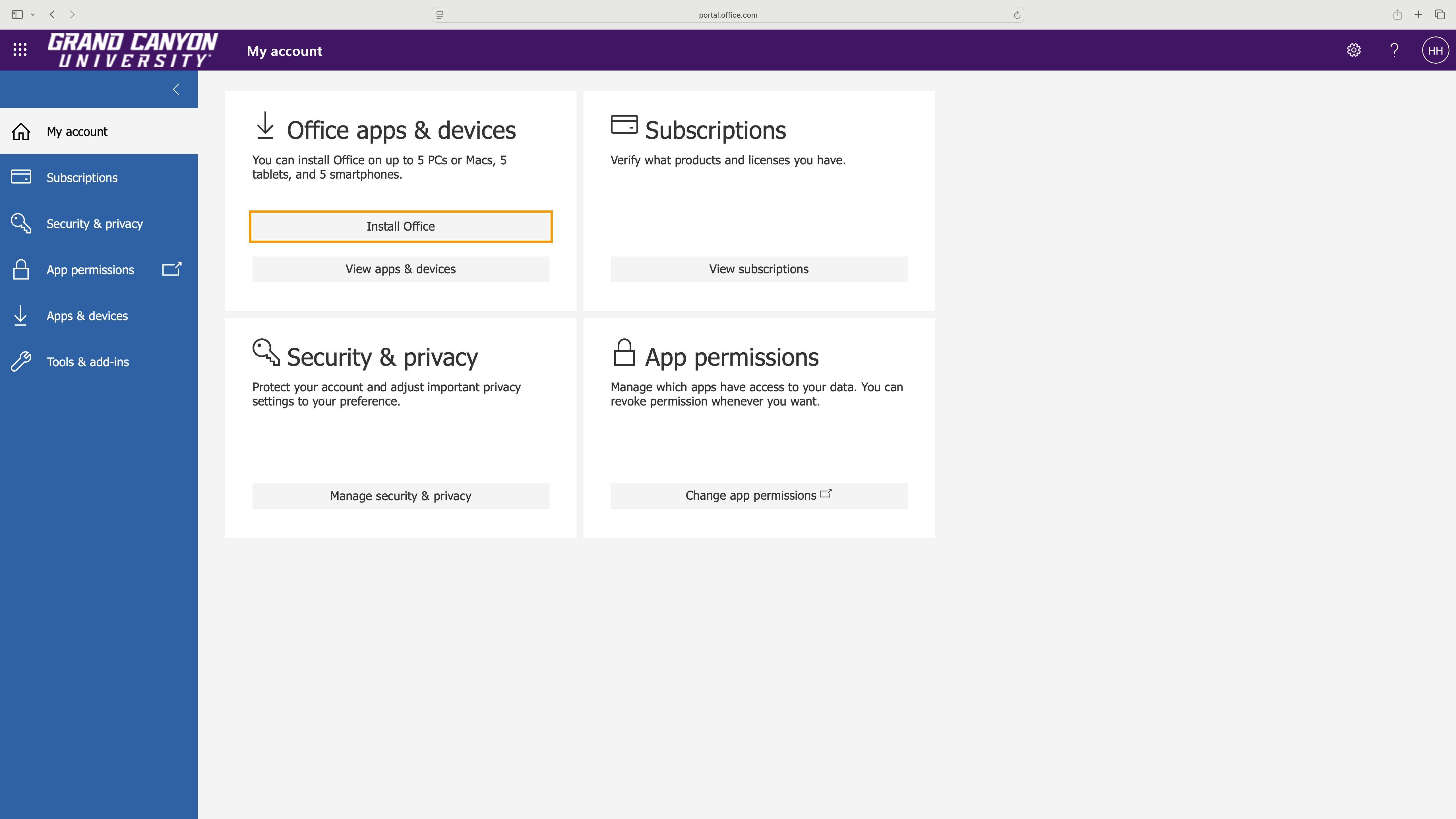Under the Office apps & devices section, click the Install Office button.
