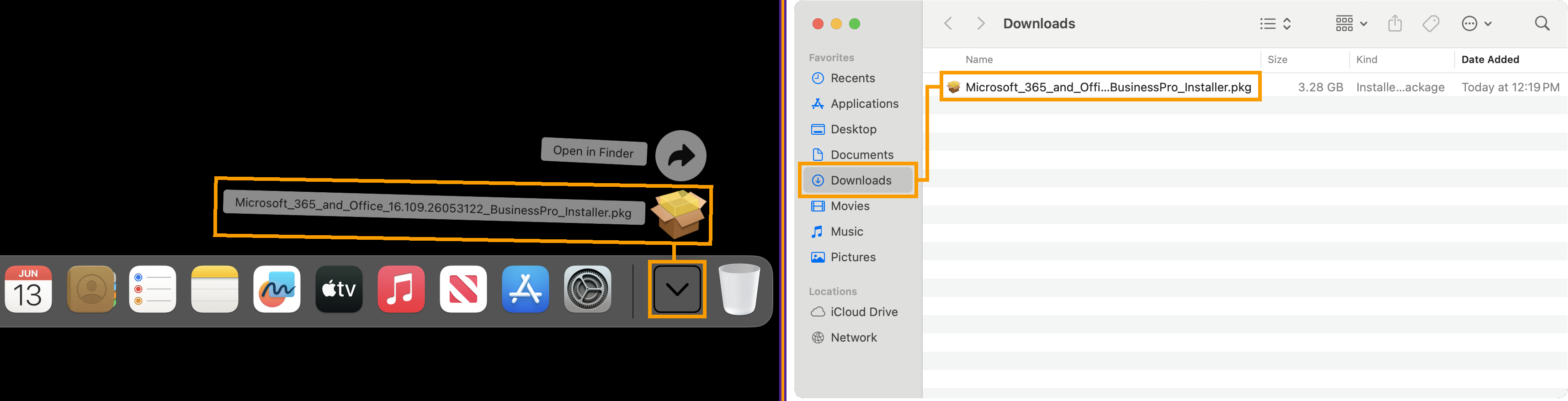 If you do not see the .pkg installer file, you will find it in the downloads app on your dock or the downloads folder on your device.
