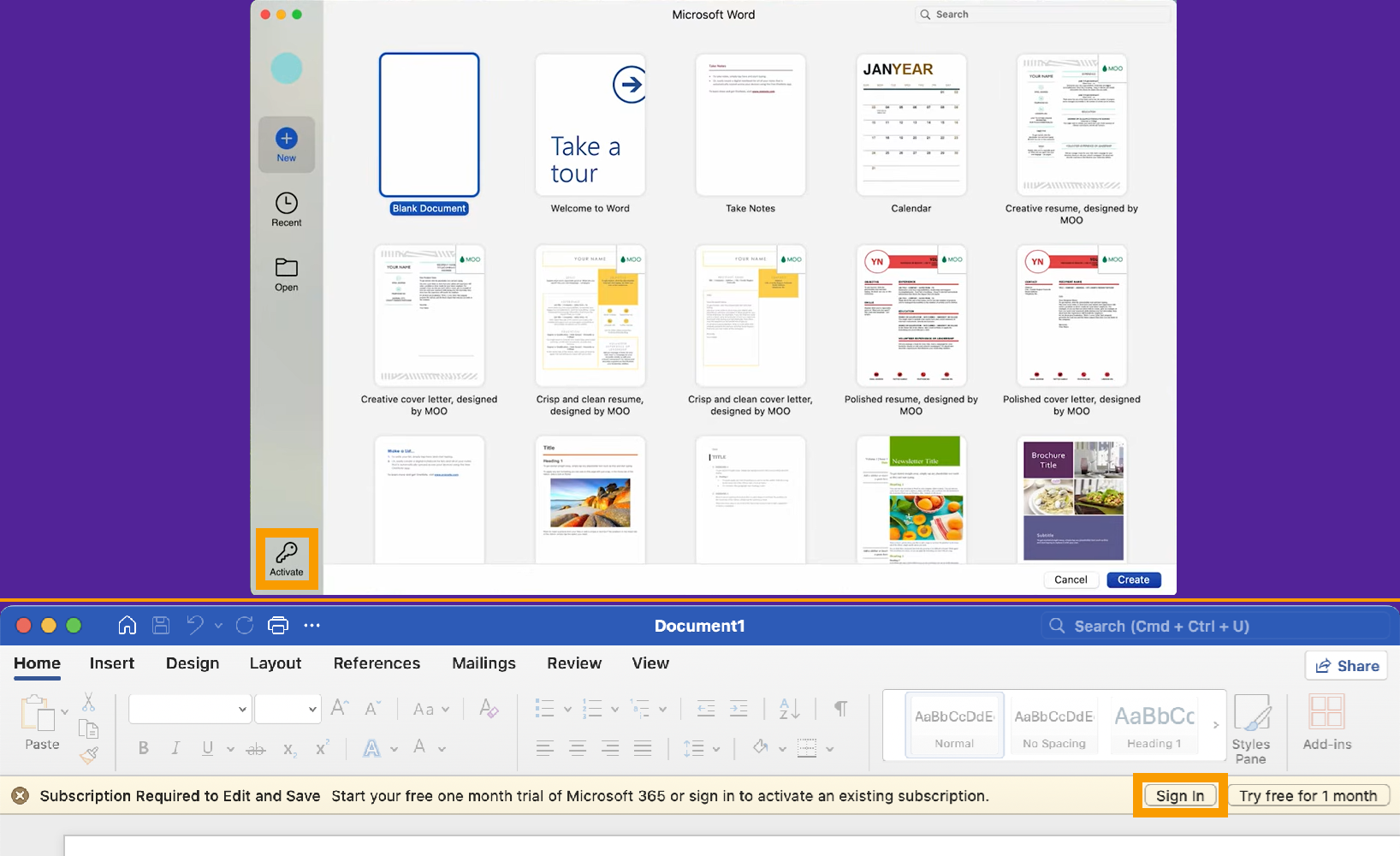 If you are not immediately prompted about a Microsoft 365 subscription, you may see a key icon that says Activate or a yellow banner asking for you to Sign In. Click either option to continue.