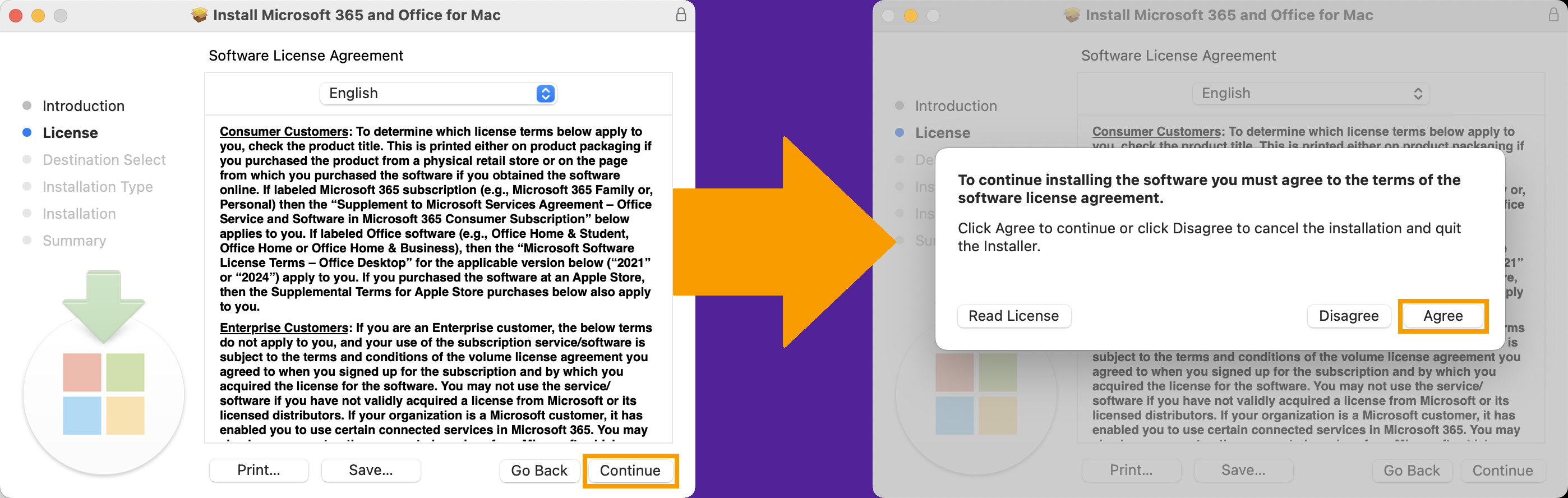 On the License step, click Continue to make a pop-up to appear. This pop-up is simply asking you to agree to the conditions presented, click Agree to continue.