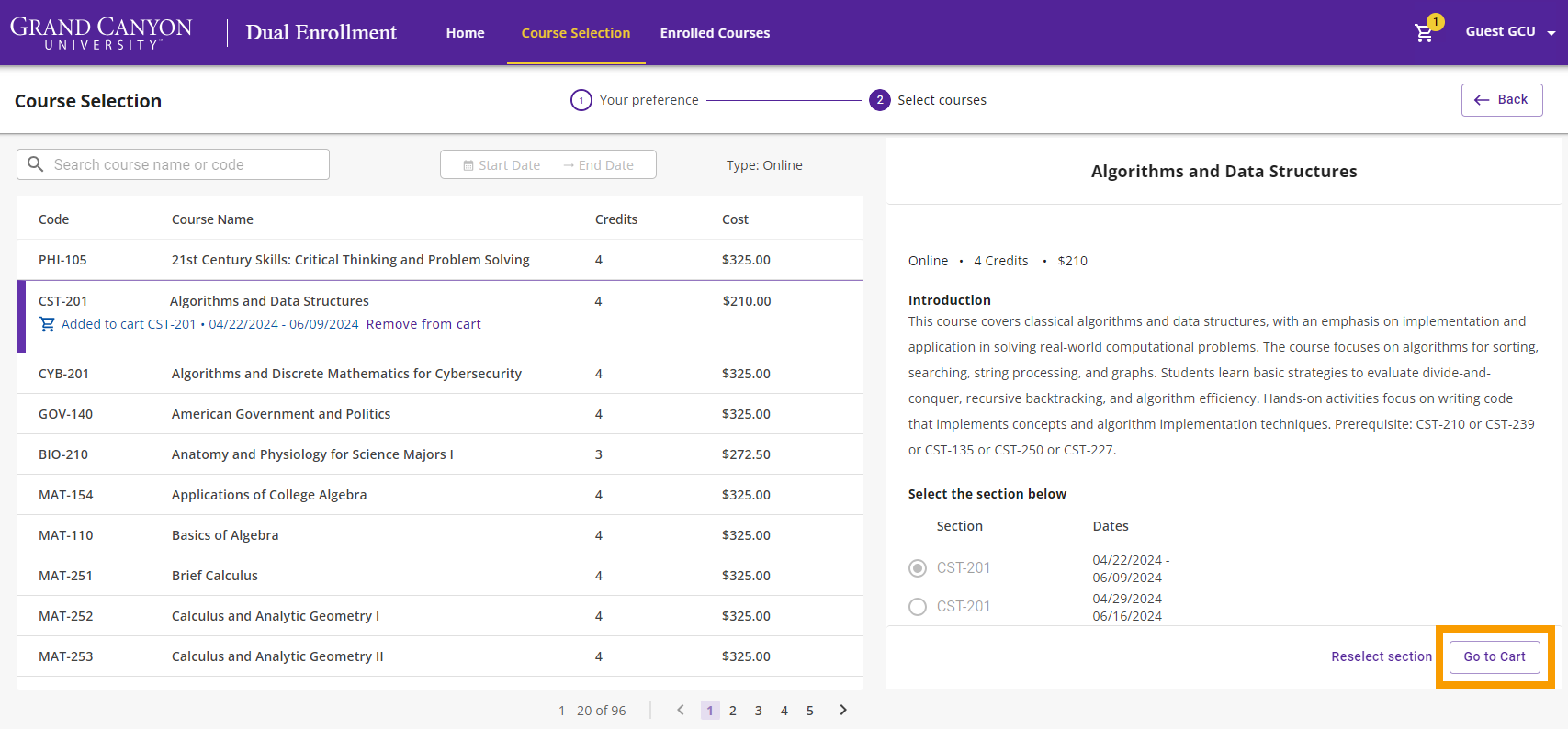 Once you add the course to your cart, click the Go to Cart button.
