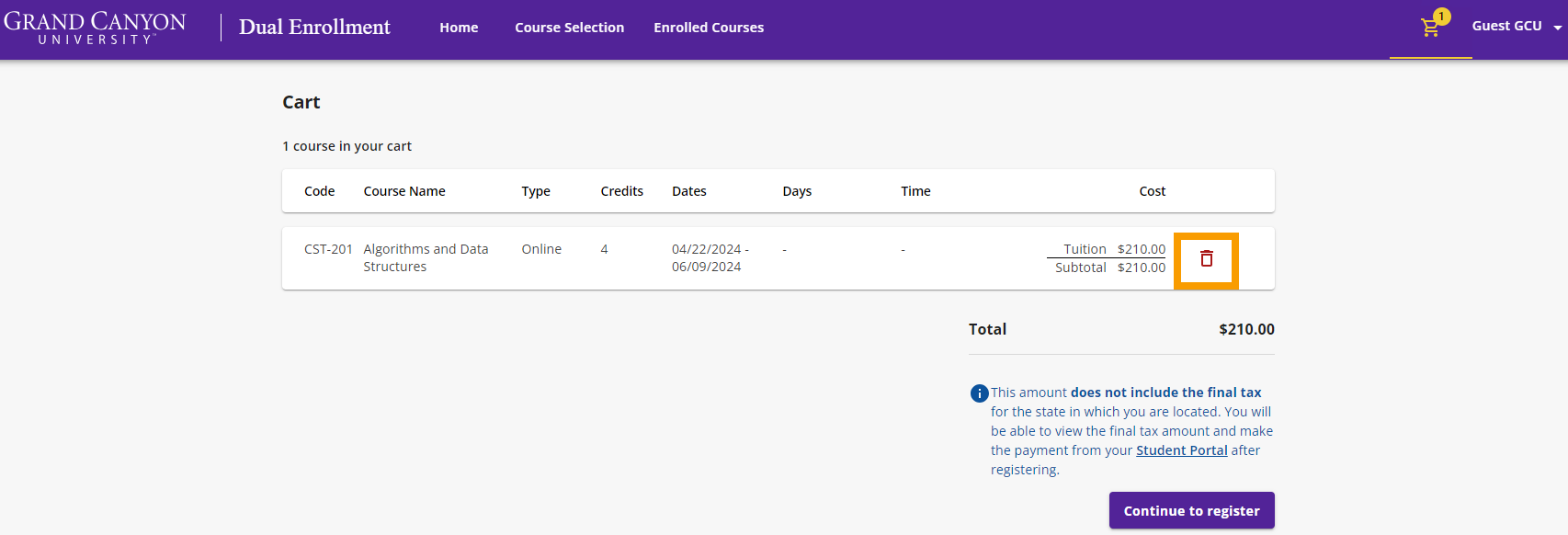 From the Cart, click the red Trash icon to remove the course from your cart.