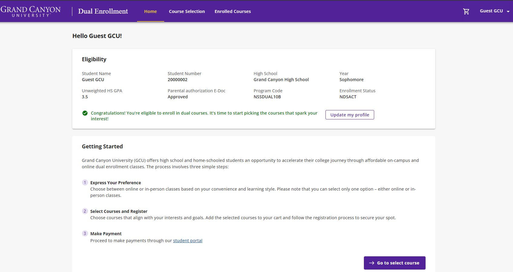 After logging in, you will be taken to the Home page. From the home page, you can find your profile and access the course selection.