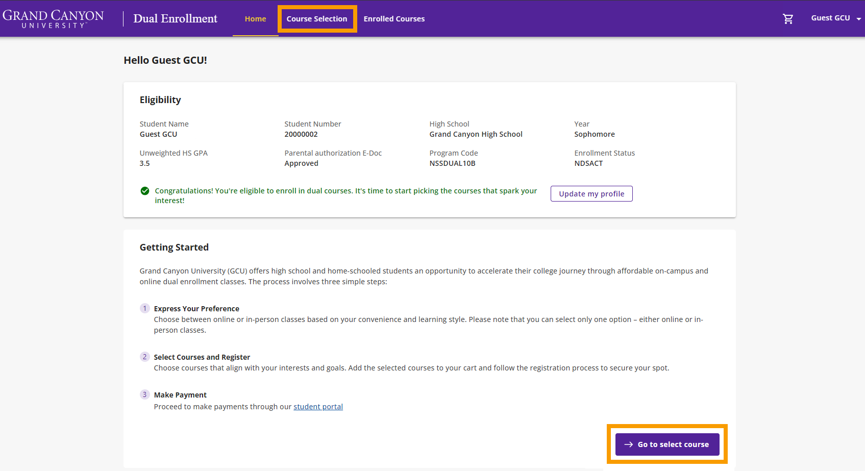 Start by navigating to the Course Selection page by either clicking directly on the Course Selection tab or by clicking the Go to select course button from the Home page.