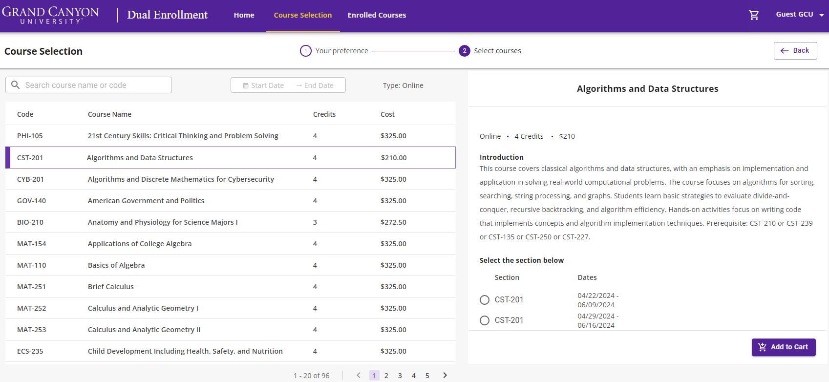 From the Course Selection page, select the course you would like to enroll in on the left to view the details of the course and any available sections.