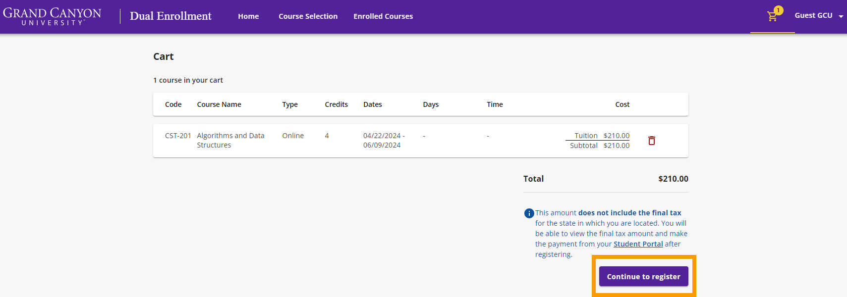 In your Cart, click the Continue to register button in the bottom right corner.