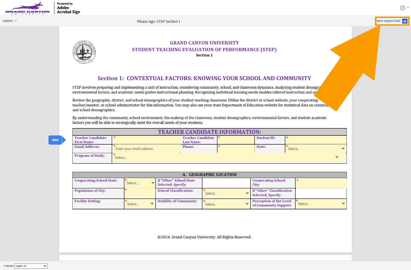 Look at the Next required field box in the top-right corner of the page to view how many required fields you have left.