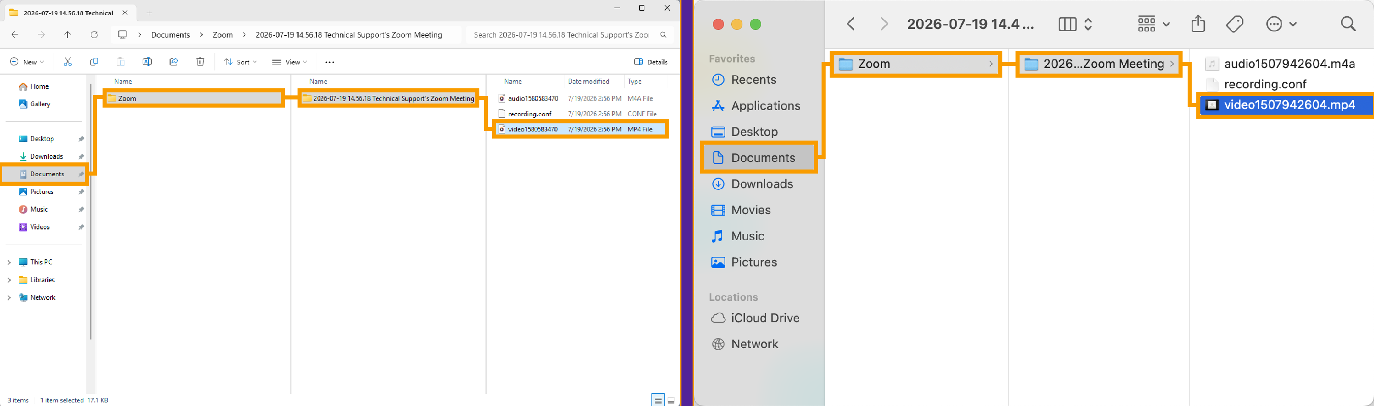 Documents > Zoom > Open the folder for the appropriate recording > The .mp4 file is your recorded meeting video.