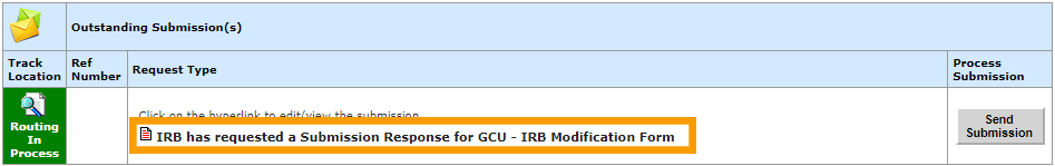 In the Outstanding Submission(s), click the link in the Request Type under the Outstanding Submission