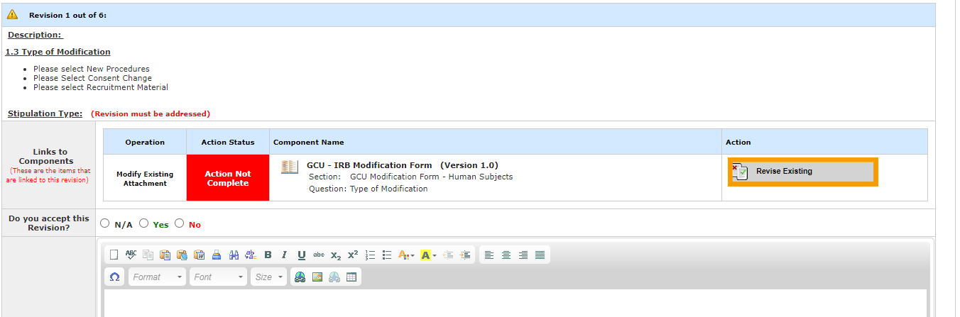 You will be direct to the Revision Request Form. Select Revise Existing.