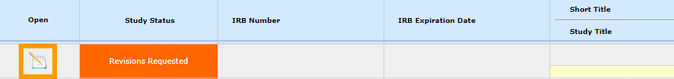 Log into iRIS and select the Pencil and Pad icon next to the study that has the status Revisions Requested.