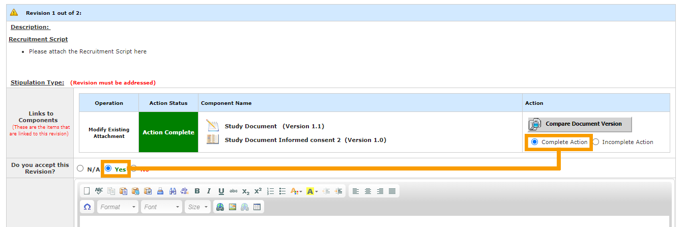 Select Complete Action under Compare Document Version. After you mark the action as complete, select Yes next to Do You Accept This Revision.
